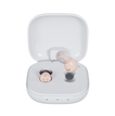 Audien Hearing Atom One hearing aids in open square charging case with one device elevated

