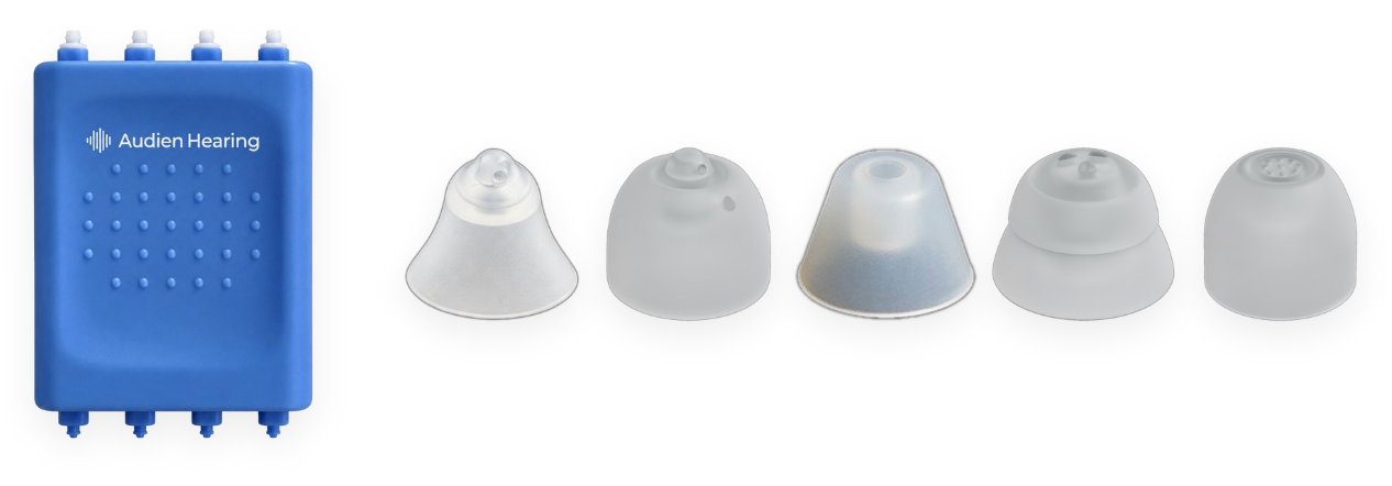 Blue Audien Hearing device with five silicone earbud tips on a white background